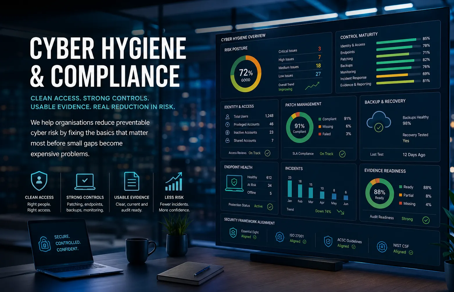 Cyber hygiene control dashboard showing identity, access, patching, backups, endpoint health, evidence and risk reduction